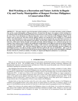 Bird Watching As a Recreation and Nature Activity in Baguio City and Nearby Municipalities of Benguet Province Philippines: a Conservation Effort