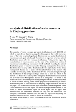 Analysis of Distribution of Water Resources in Zhejiang Province