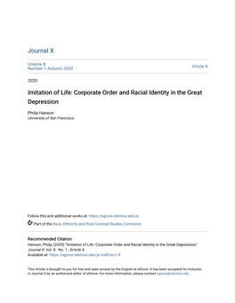 Imitation of Life: Corporate Order and Racial Identity in the Great Depression