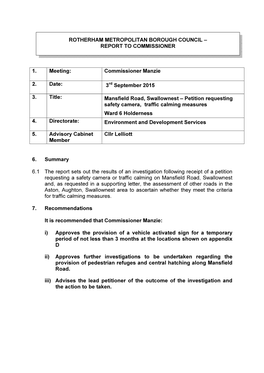 Mansfield Road, Swallownest – Petition Requesting Safety Camera, Traffic Calming Measures Ward 6 Holderness 4