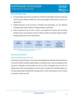 EARTHQUAKE in ECUADOR Situation Report No