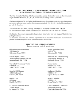 Notice of General Election for the City of Galveston Aviso De Eleccion Para La Ciudad De Galveston