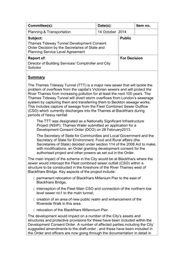 Thames Tideway Tunnel Development Consen