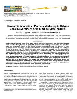 Economic Analysis of Plantain Marketing in Odigbo Local Government Area of Ondo State, Nigeria