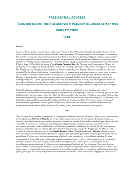 PRESIDENTIAL ADDRESS Tillers and Toilers: the Rise and Fall Of