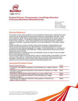 Lung Wedge Resection, Pulmonary Metastasis (Metastasectomy)