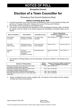 NOTICE of POLL Election of a Town Councillor