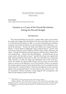 Taxation As a Cause of the French Revolution: Setting the Record Straight