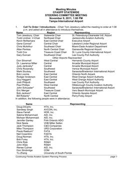 Meeting Minutes CFASPP STATEWIDE STEERING COMMITTEE MEETING November 9, 2011, 1:00 PM Tampa International Airport