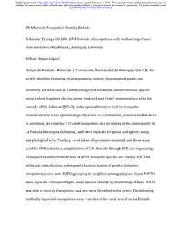 DNA Barcode Mosquitoes from La Pintada Molecular Typing With