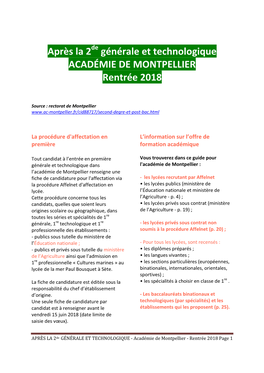 Générale Et Technologique ACADÉMIE DE MONTPELLIER Rentrée 2018