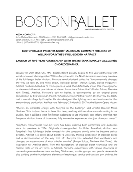 Boston Ballet Presents North American Company Premiere of William Forsythe’S Full-Length Artifact