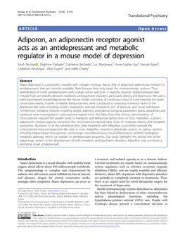 Adiporon, an Adiponectin Receptor Agonist Acts As an Antidepressant