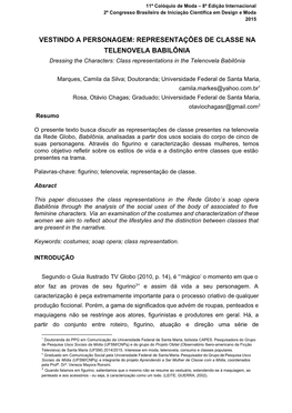 VESTINDO a PERSONAGEM: REPRESENTAÇÕES DE CLASSE NA TELENOVELA BABILÔNIA Dressing the Characters: Class Representations in the Telenovela Babilônia