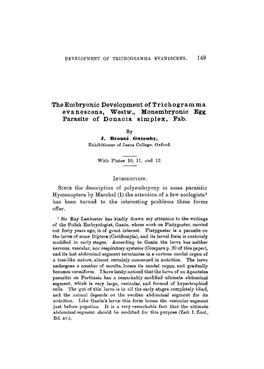 The Embryonic Development of Trichogramma Evanescens, Westw., Monembryonic Egg Parasite of Donacia Simplex, Fab