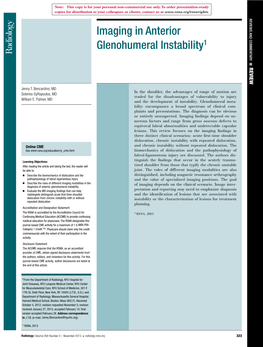 Imaging in Anterior Glenohumeral Instability1
