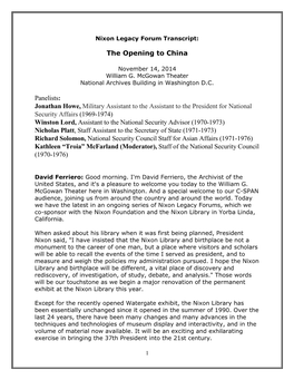 The Opening to China Panelists: Jonathan Howe, Military Assistant