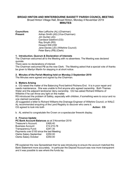 BROAD HINTON and WINTERBOURNE BASSETT PARISH COUNCIL MEETING Broad Hinton Village Hall, Broad Hinton, Monday 4 November 2019 MINUTES