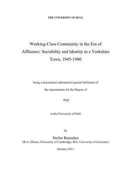 Working-Class Community in the Era of Affluence: Sociability and Identity in a Yorkshire Town, 1945-1980