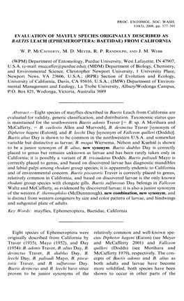 Evaluation of Mayfly Species Originally Described As Baetis Leach (Ephemeroptera: Baetidae) from California