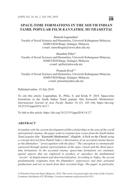 Space-Time Formations in the South Indian Tamil Popular Film Kannathil Muthamittal