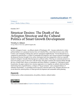 The Death of the Arlington Streetcar and the Cultural Politics of Smart Growth Development Timothy A