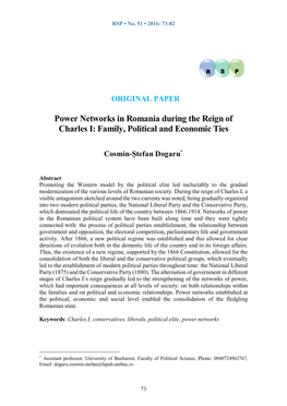 Power Networks in Romania During the Reign of Charles I: Family, Political and Economic Ties