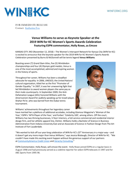 Venus Williams to Serve As Keynote Speaker at the 2019 WIN for KC Women's Sports Awards Celebration Featuring ESPN Commentator, Holly Rowe, As Emcee