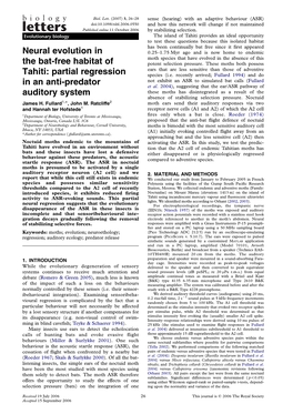 Neural Evolution in the Bat-Free Habitat of Tahiti: Partial Regression in an Anti-Predator Auditory System