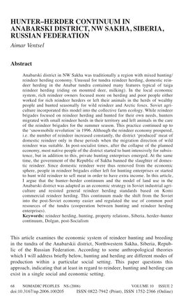 HUNTER–HERDER CONTINUUM in ANABARSKI DISTRICT, NW SAKHA, SIBERIA, RUSSIAN FEDERATION Aimar Ventsel