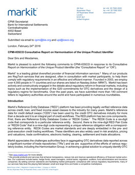 Markit Response to CPMI and IOSCO's Consultation Document on "Harmonisation of the Unique Product Identifier"