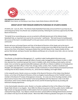 Group Led by Tony Ressler Completes Purchase of Atlanta Hawks