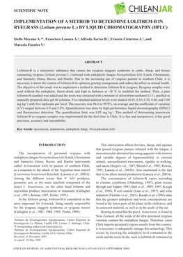 IMPLEMENTATION of a METHOD to DETERMINE LOLITREM-B in RYEGRASS (Lolium Perenne L.) by LIQUID CHROMATOGRAPHY (HPLC)