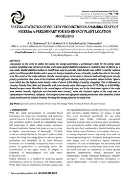 Spatial Statistics of Poultry Production in Anambra State of Nigeria: a Preliminary for Bio-Energy Plant Location Modelling