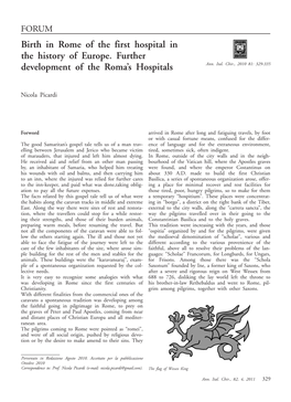 Birth in Rome of the First Hospital in the History of Europe. Further Development of the Roma’S Hospitals Ann