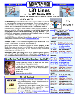 Lift Lines 229, January 2020 Page 1 MOUNTAIN HIGH SNOWSPORT CLUB Lift Lines = No