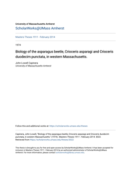 Biology of the Asparagus Beetle, Crioceris Asparagi and Crioceris Duodecim Punctata, in Western Massachusetts