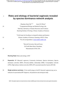 Risks and Etiology of Bacterial Vaginosis Revealed by Species Dominance Network Analysis