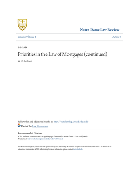 Priorities in the Law of Mortgages (Continued) W