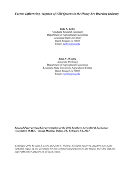 Factors Influencing Adoption of VSH Queens in the Honey Bee Breeding Industry