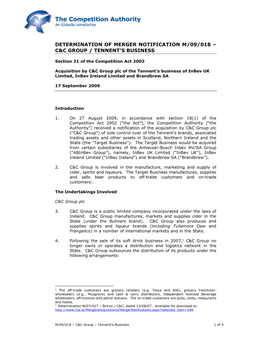 Determination of Merger Notification M/09/018 – C&C Group / Tennent's