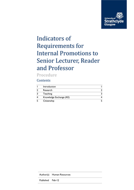 Indicators of Requirements for Internal Promotions to Senior Lecturer, Reader and Professor Procedure Contents