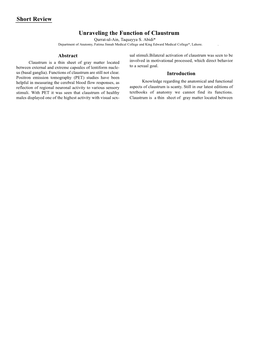 Short Review Unraveling the Function of Claustrum