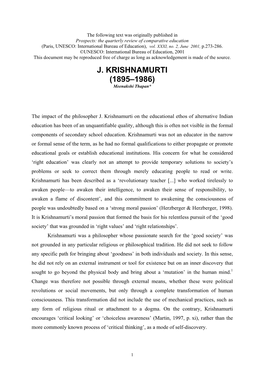 J. KRISHNAMURTI (1895–1986) Meenakshi Thapan*