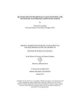 QUANTITATIVE FUNDAMENTALS VALUE INVESTING and SYSTEMATIC FACTOR INSULATION INNOVATIONS by Nawan Naveed Butt B.Comm Finance