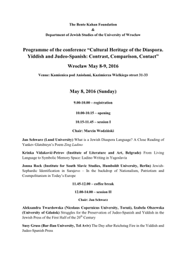Programme of the Conference “Cultural Heritage of the Diaspora. Yiddish and Judeo-Spanish: Contrast, Comparison, Contact” Wr