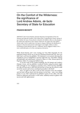The Significance of Lord Andrew Adonis, De Facto Secretary of State for Education