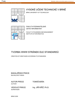 Vysoké Učení Technické V Brně Tvorba Www Stránek Dle Standardů