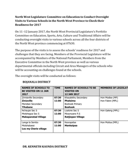 North West Legislature Committee on Education to Conduct Oversight Visits to Various Schools in the North West Province to Check Their Readiness for 2017