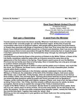 Dewi Sant Welsh United Church Gair Gan Y Gweinidog a Word from the Minister